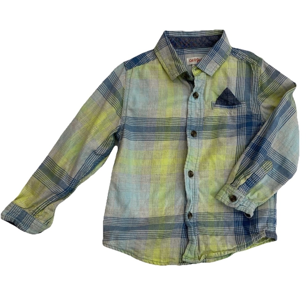 Cat &‎ Jack Boys 4T Plaid Flannel Button Down Shirt Lime Green Blue Long Sleeve